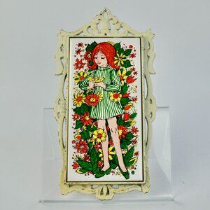 Vintage Trivet Japan Red-head Girl Floral Rectangular Mod